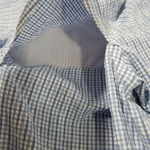 Criquet Shirt Mens XL Blue Seersucker Vented Button Gingham Check Short Sleeve - Picture 9 of 10